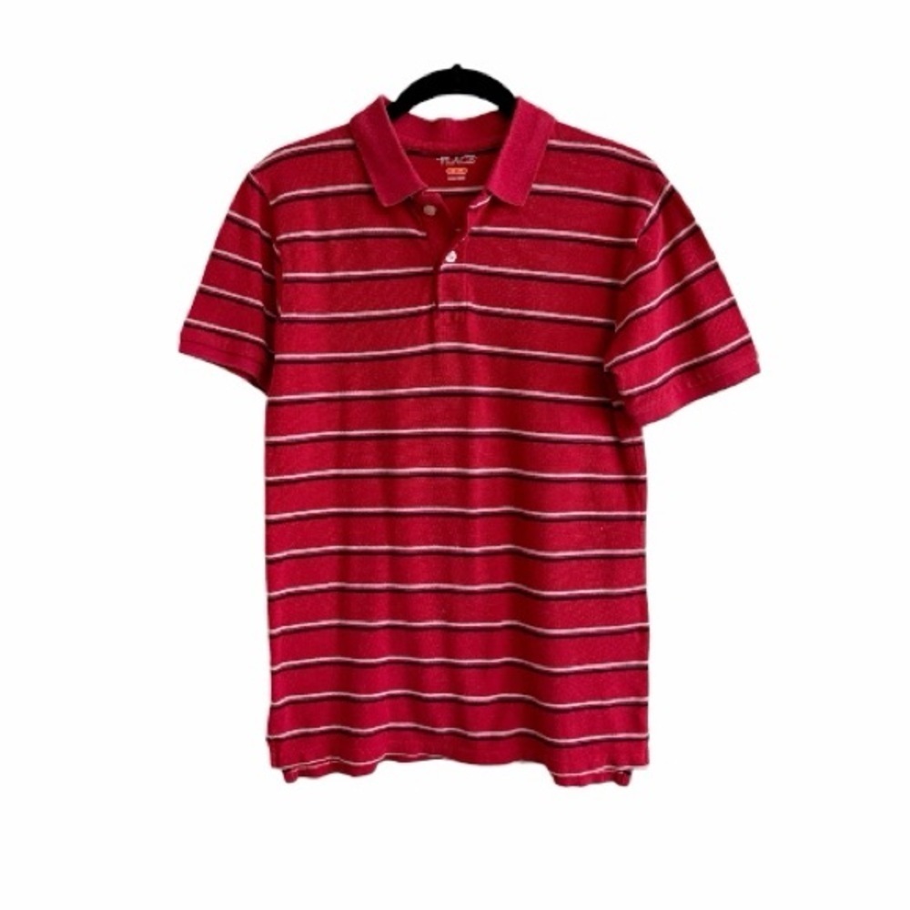 CHILDRENS PLACE, BOYS, RED, STRIPED POLO. 2-BUTTON PLACKET. SIZE XL(14)